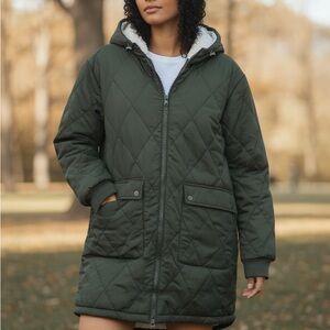 Love Tree Olive Green Longline Quilted Reversible Sherpa Teddy Winter Coat